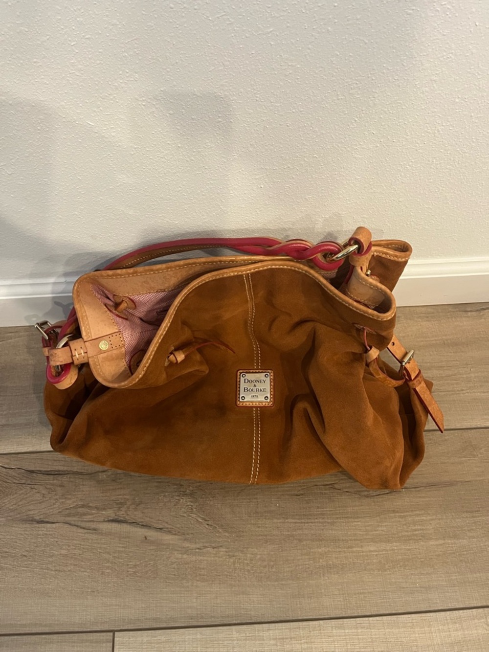 Dooney & Bourke Suede Shoulder Bag in Chestnut with Pink Trim